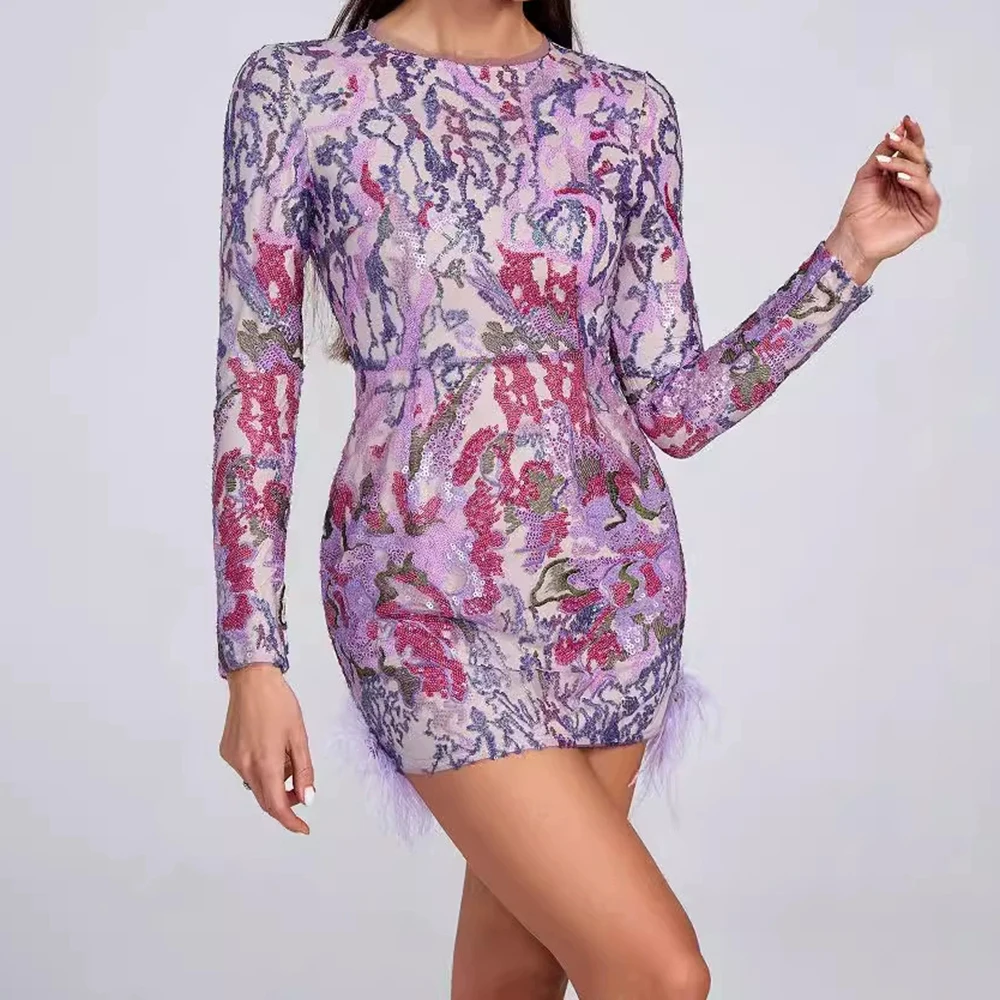 

Autumn elegant commuter purple dress round neck long sleeves fashionable beaded sequined diamond feather short skirt-GZXX859