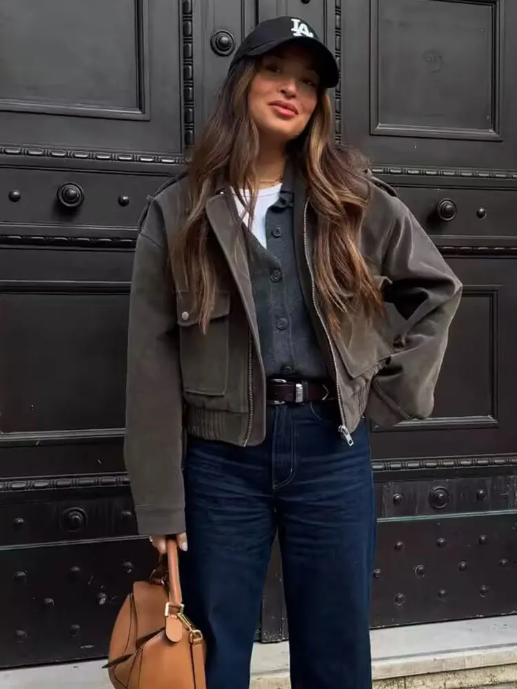 

HH Autumn Jacket For Women Solid Faux Suede Coats Long Sleeve Zipper Jackets With Large Front Pockets Female Fashion Streetwear