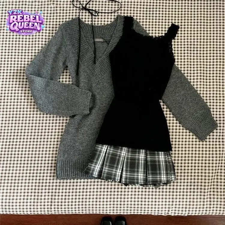 Vintage Retro Y2K 3 Piece Set Women V Neck Knit Sweater Lace Trim Cami Top High Waist Pleated Plaid Mini Skirt Slim Fit Dress