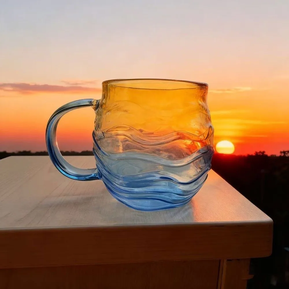 Portable Hand-blown Sea Glass Mug Gradient Color Drinking Cup Ocean Theme Mug Waved Texture Beach Themed Wave Mug Bar