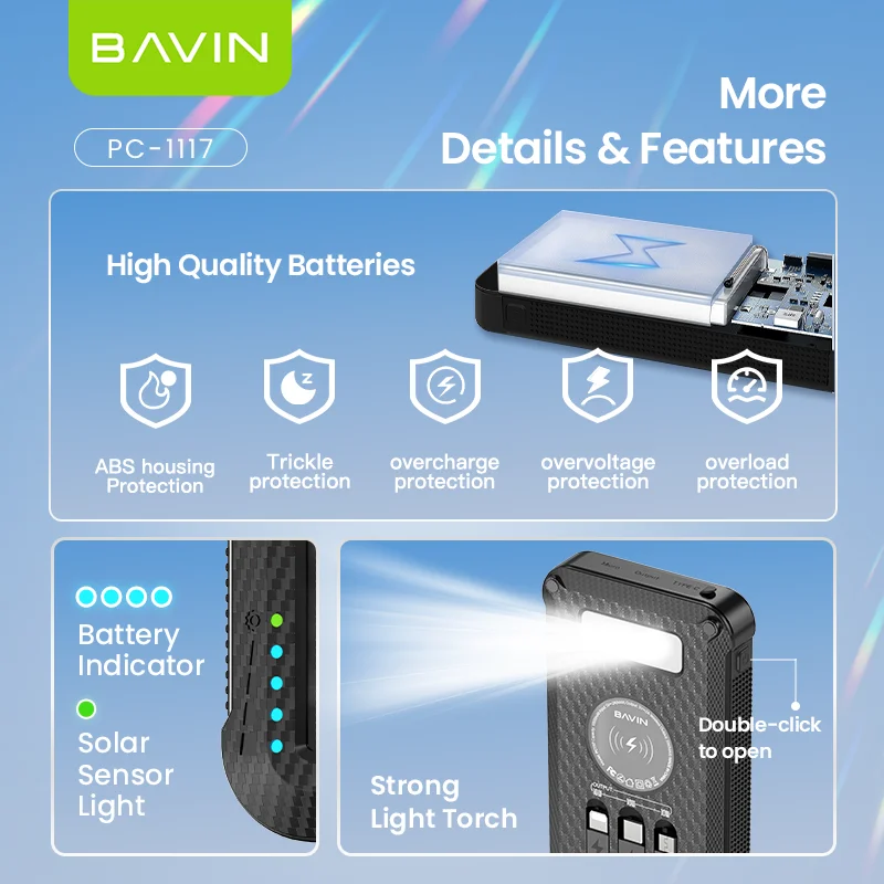 BAVIN المحمولة قوة البنك PC1117 10000mah ليثيوم بوليمر لوحات البطارية السفر شحن سريع بنك الطاقة الشمسية مع كابل إضاءة LED