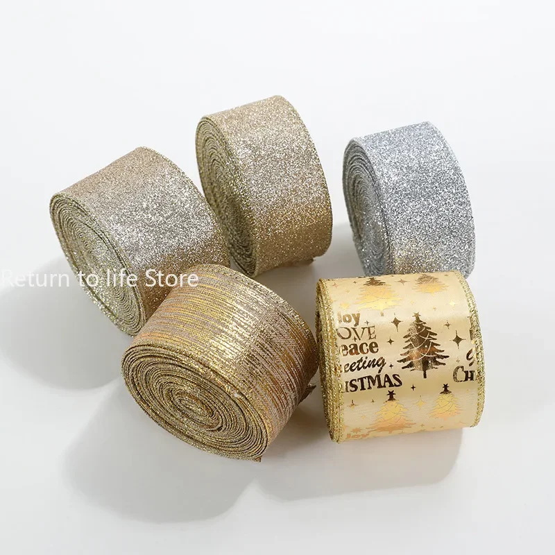 2025 Christmas Ribbon Golden Silver Champagne Polyester Gliter Ribbon DIY Xmas Tree Bow Gifts Packing Navidad Home Decoration 2m