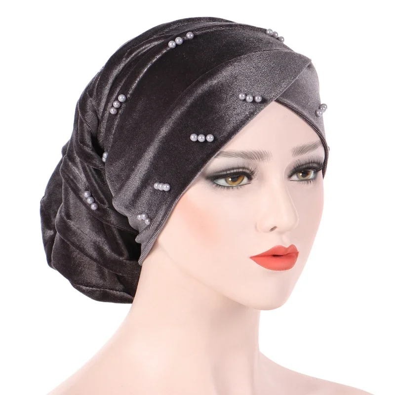 Winter Pleated Bonnet Muslim Velvet Inner Hijabs Caps Beading Headwrap Islamic Head Cover Scarf Hat Scrub Hat Turbans For Women