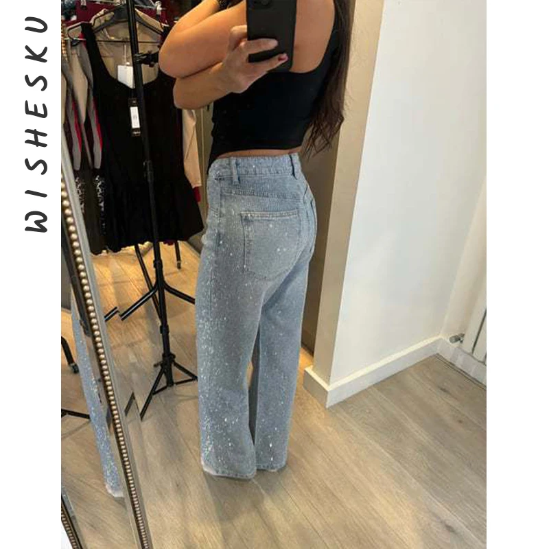 

Y2K Sequin Straight Zipper Wide Leg Jeans Women Loose Casual Denim Pants 2025 Spring Summer Female Trousers High Street Clothes