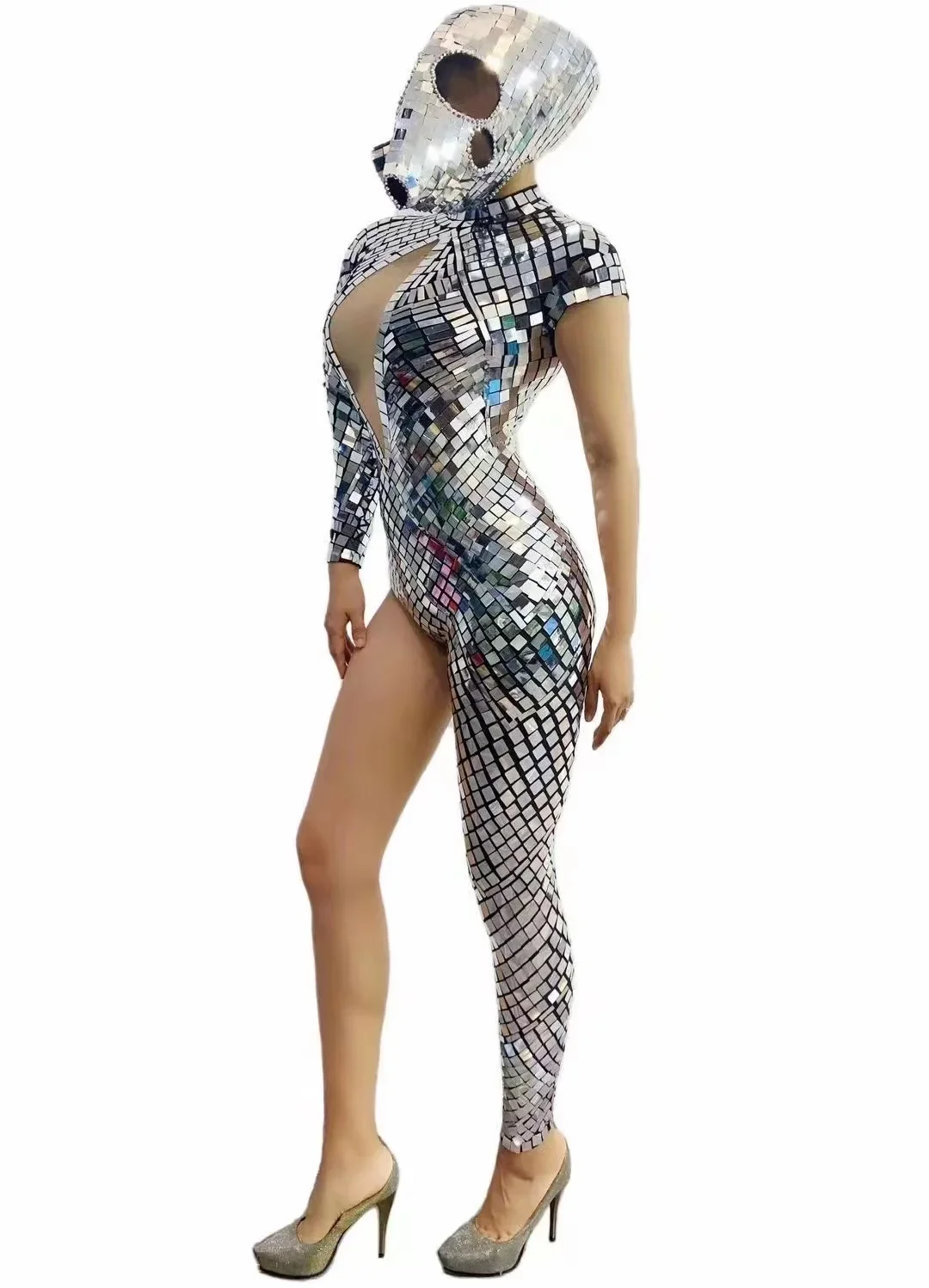 

2024 Sexy Shining Female Mirror Bodysuit Women Headwear Stage Performance Costume Party Entertainment Dance Show Wear Halloween