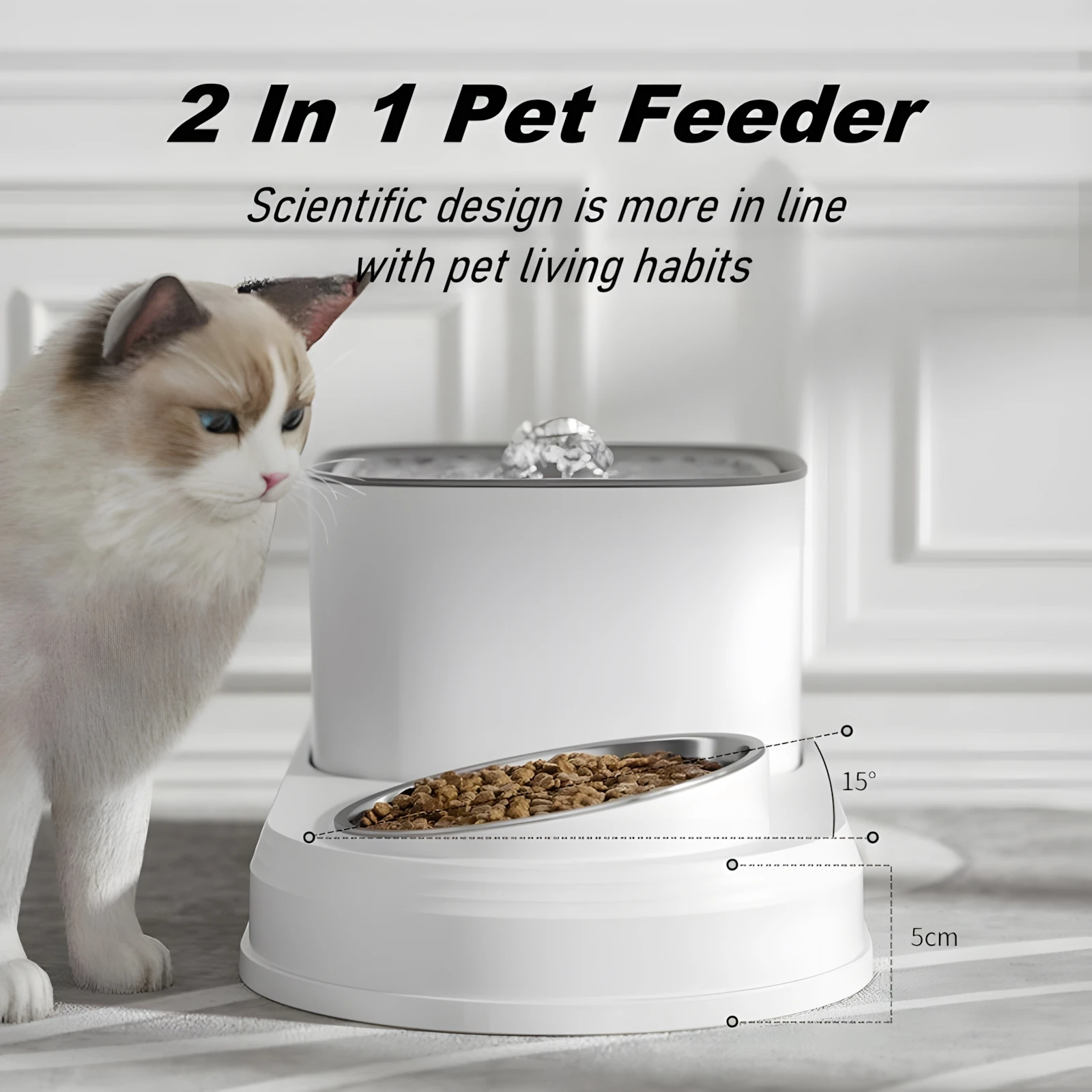 

Automatic Cat Water Fountain and Food Bowl 2 IN 1 Set USB Cable Powered Quiet Pet Water Dispenser with Smart Water Pump for Cat