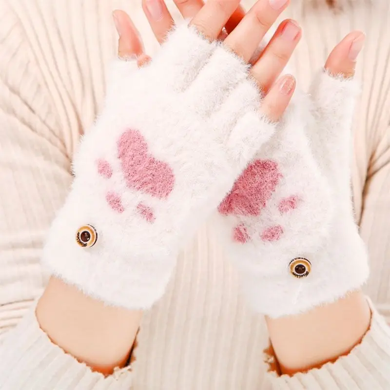 Girls' Winter Warm Gloves Cute Kitten Plush and Thick Gloves Large Elasticity  Windproof Half Finger Gloves Winter Gloves Women