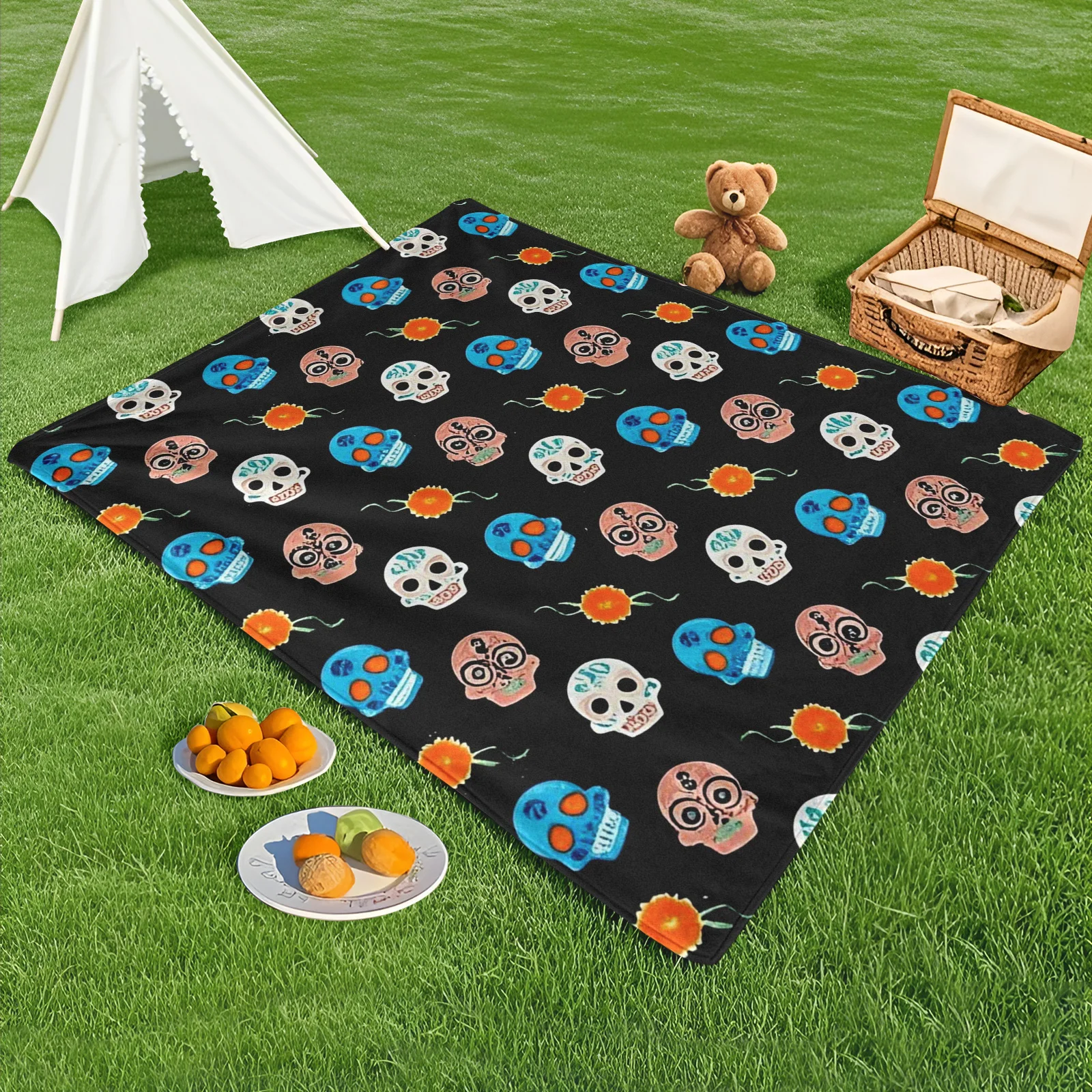 

Orange Skull Print Outdoor Blanket For Friends With Black Background Cozy Camping Picnic Accessory