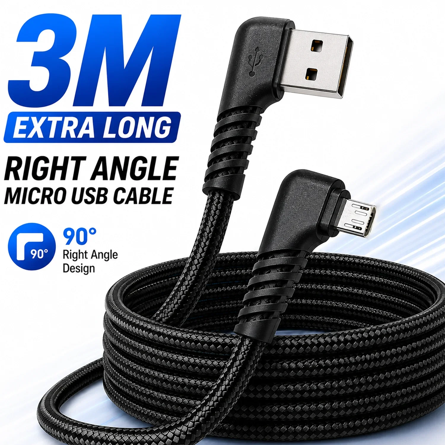 Right Angle Micro USB Cable 3M Extra Long, 3A Fast Charging Braided Charger for PS4 DualShock 4, Speaker, GPS, Android Box
