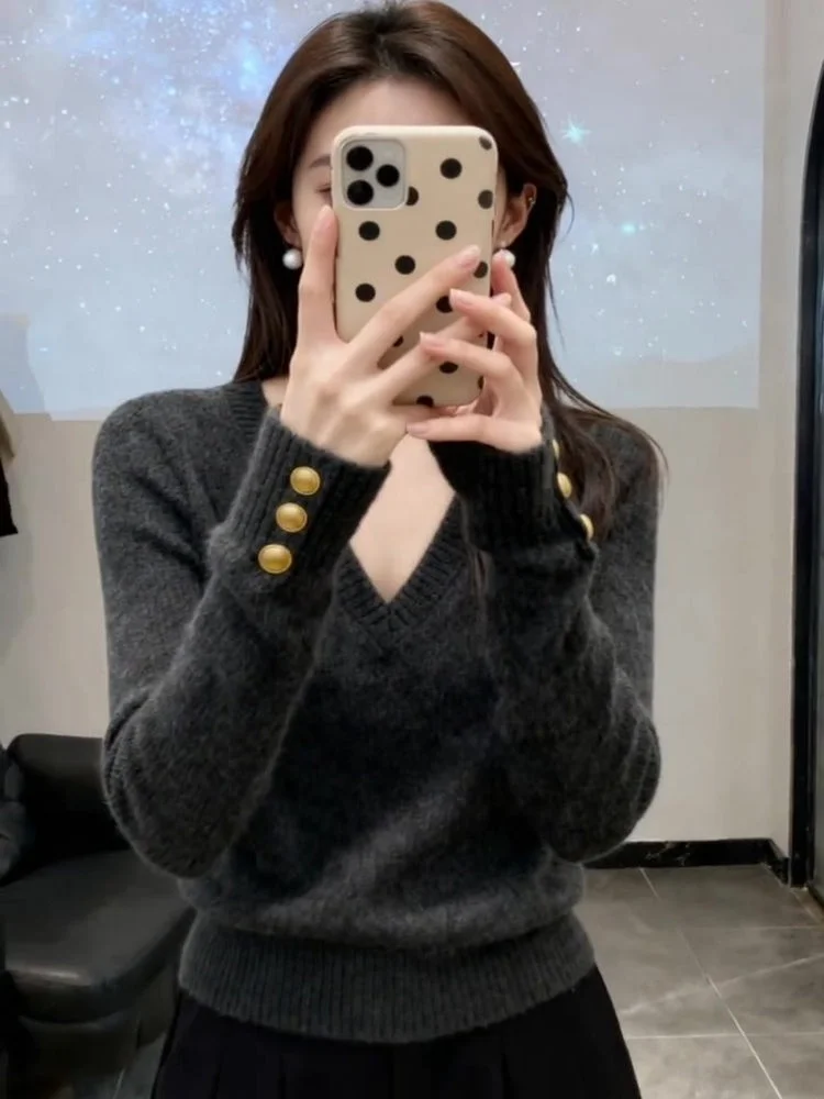 ay V-Ne Knitted Base irt Women's Faion Commute Sle Slim Fit Inner Wear Korean Sle Long Sve Warm Sweater