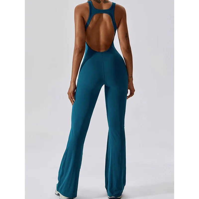 

Kriananas Solid Color Yoga Jumpsuit 2025 Skinny Quick Dry Backless Training Bodysuit U Neck Flare Pants Workout Clothing 143879