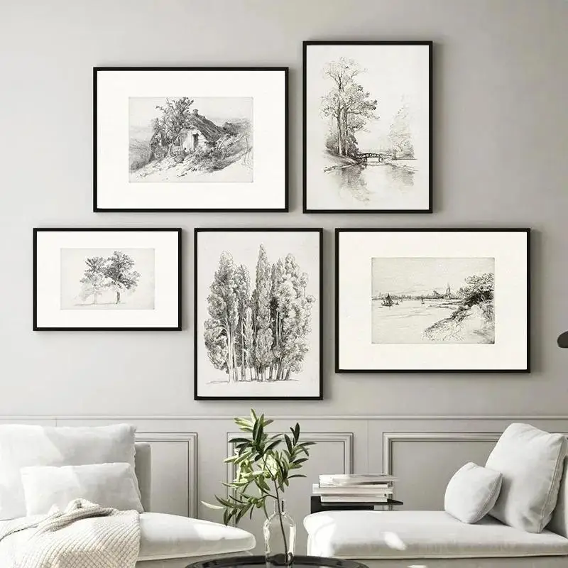 Rustic Farmhouse Wall Art Neutral Canvas Prints of Vintage Plants  Rural Landscapes for Home Decor