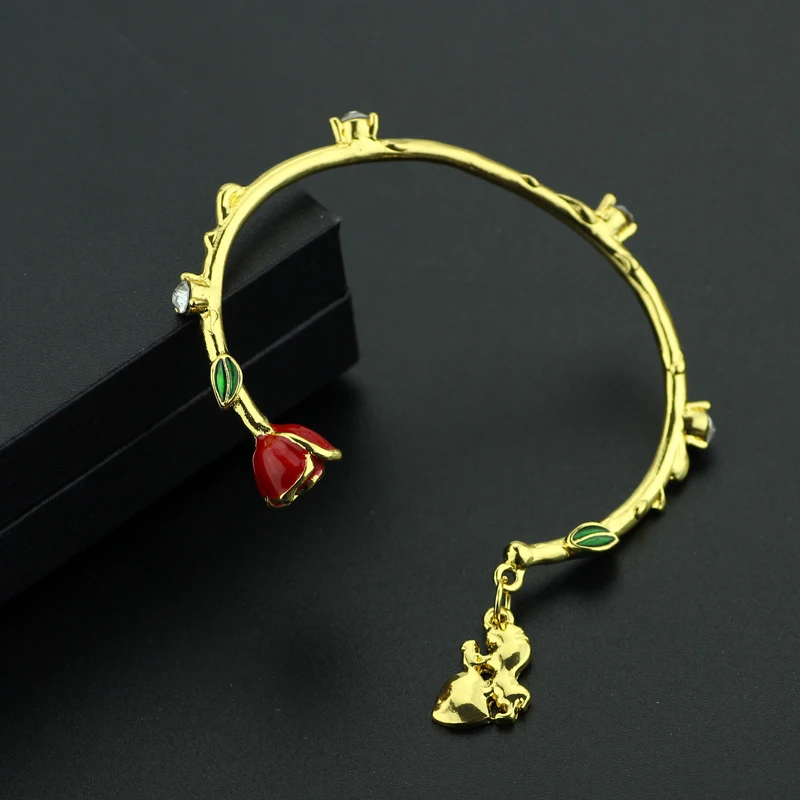 Disney Beauty and the Beast Charm Bangle Luxurious Gold Color Rose Open Bracelet for Women Fashion Hand Accessories