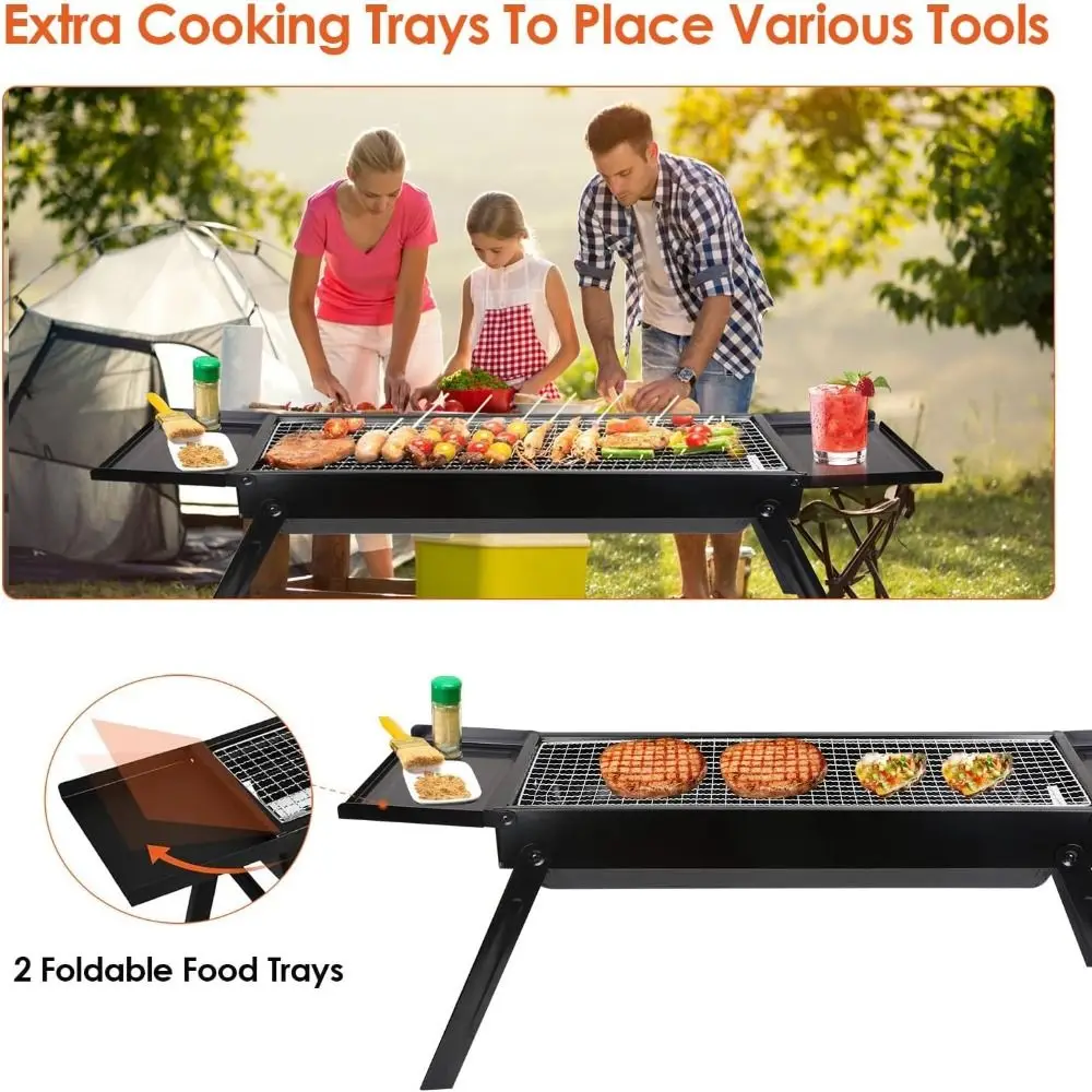

New Stainless Steel Barbecue Charcoal Grill Folding With 2 Side Tray Tabletop Grill Portable BBQ Stove Picnics