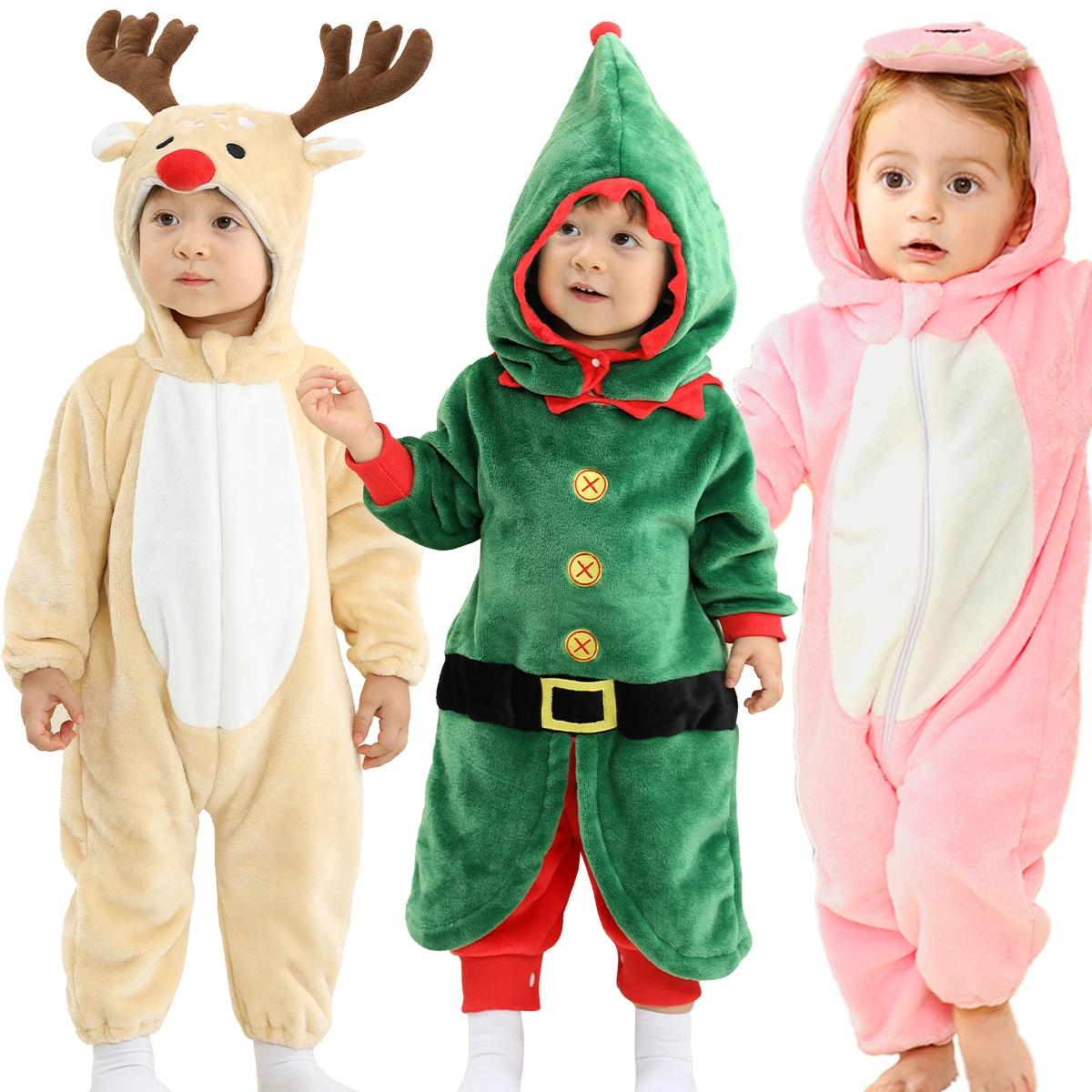 Baby flanel romper pasgeboren jongen rendieren kostuum peuter meisje kerst elf outfit baby Halloween Kerstmis dinosaurus pyjama met capuchon