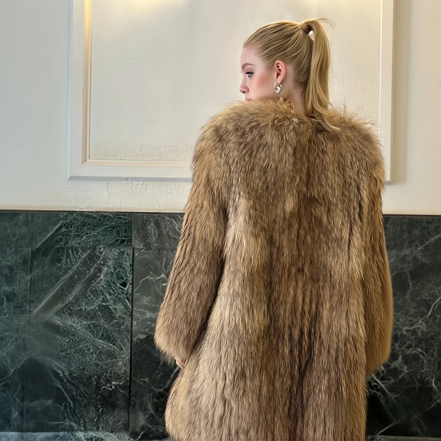 Lange Stil Waschbären Pelz Jacke Natürliche Waschbären Pelz Jacke Mantel Mit Runde Kragen Echt Pelzmantel Mode Damen Winter Herbst Mantel