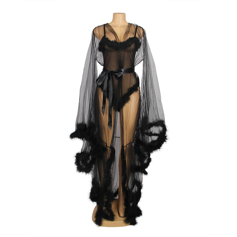 Ohyeahlady Women Mesh Nightgown Teddy Set Black Bride Bathrobe Lingerie Plus Size Long Nightdress See Through Sexy Robe Bodysuit