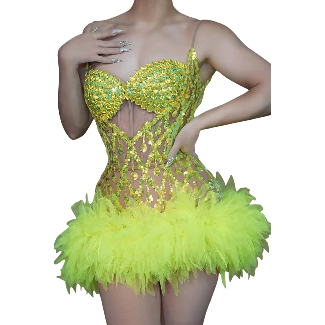 Ruffle Mesh Rhinestone Sling Sexy Dress For Women Night Club Stage Wear Las Vegas Show Sparkly Drag Queen Dance Costume Charming