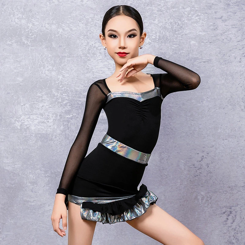 

2026 Новая одежда для соревнований по латинским танцам для девочек, сетчатые юбки с разрезом и рукавами, костюм для самбы-чачи, детское платье для латинских танцев XH3983