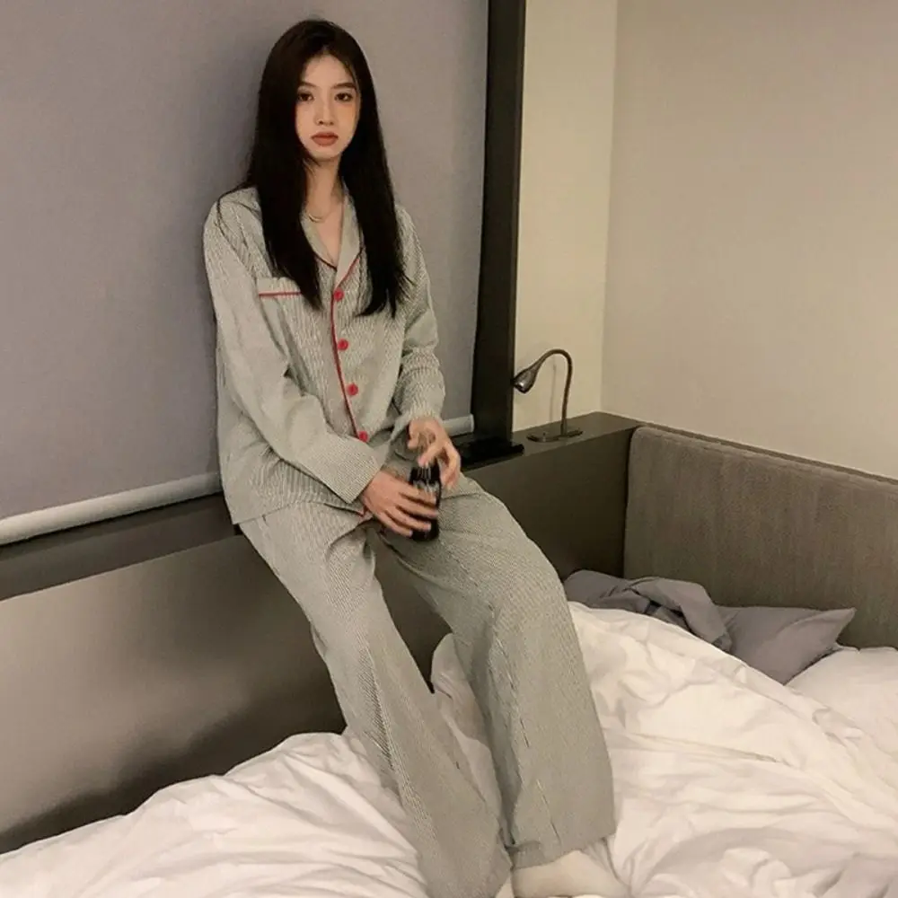 

Breathable Grey Pajamas Set Grey Striped Long Sleeve Trousers Sleepwear Set Cardigan Style Homewear Set Student