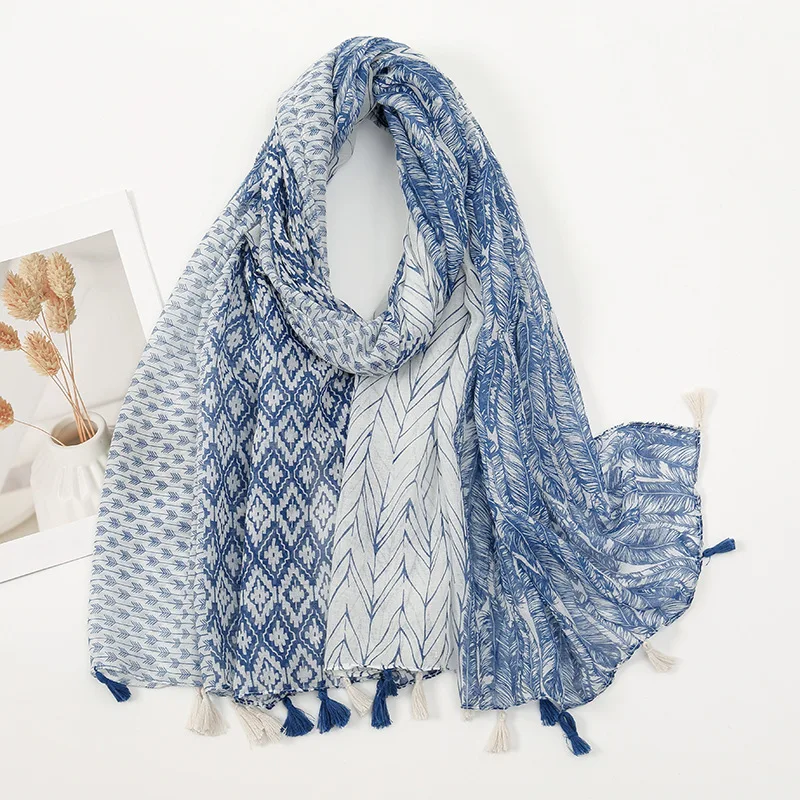 

Summer New Cotton Linen Scarf Women Girls Geometric Print Scarves Soft Sunscreen Hanging Beard Tassel Shawl Female Wrap Shawls