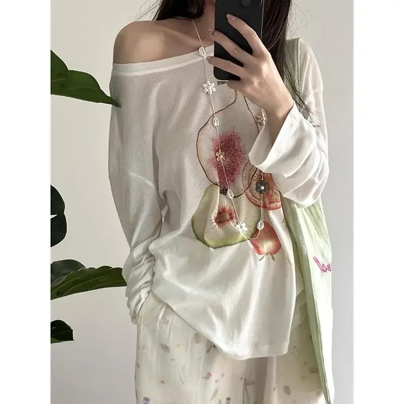 Deeptown Elegant Off Shoulder T Shirt Women Korean Style Transparent Long Sleeve Tees Y2k Thin Loose Vintage Streetwear Tops