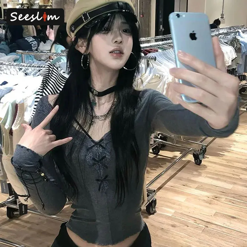 Seeslim 2000s Clothes Y2k Korean Fashion Long Sleeve Autumn Tops Goth Tees Female Skinny Hotsweet Slim Chic Women's T-shirt