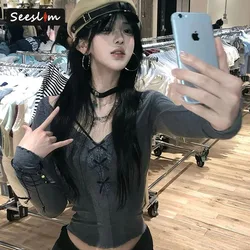 Seeslim 긴 소매 고스 티, 스키니 핫스위트 슬림 시크 티셔츠, 한국 패션, Y2k, 2000 년대 의류, 가을