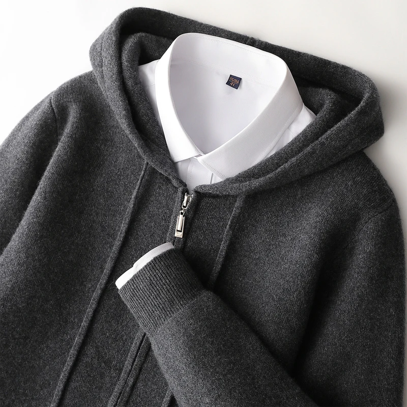 

ADDONEE мужской кардиган с капюшоном, 100% шерсть, трикотаж, осень-зима, толстый свитер, повседневный стиль, шерстяной кардиган на молнии, пальто, мягкое теплое