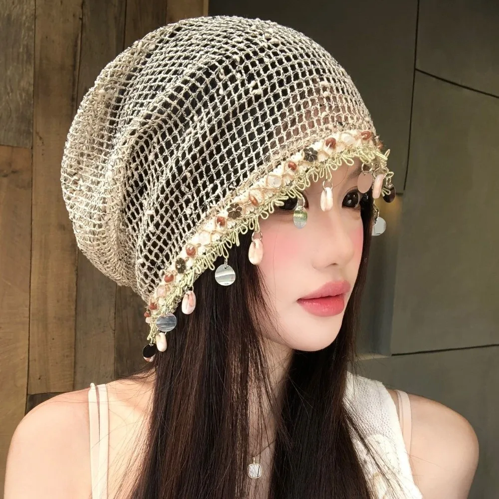 Lightweight Shell Charm Wrap Beanie Large Head Size Thin Hollow Out Slouchy Hat Breathable Pullover Design Fringe Skullcap
