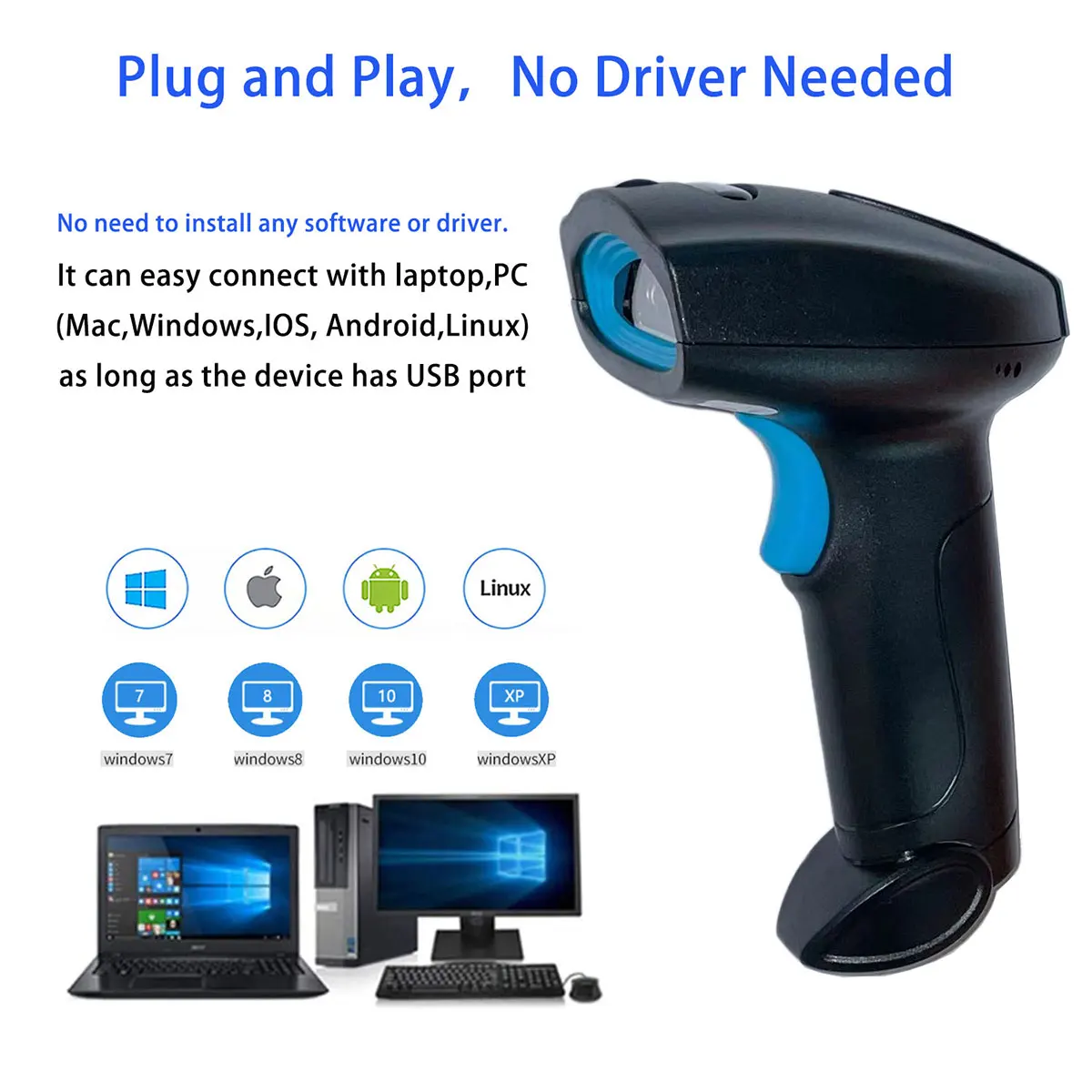 Bluetooth 2D Barcode Scanner Wireless, 2000mAh Handheld Cordless USB Wired QR Bar Code Reader for Library Warehouse Inventory