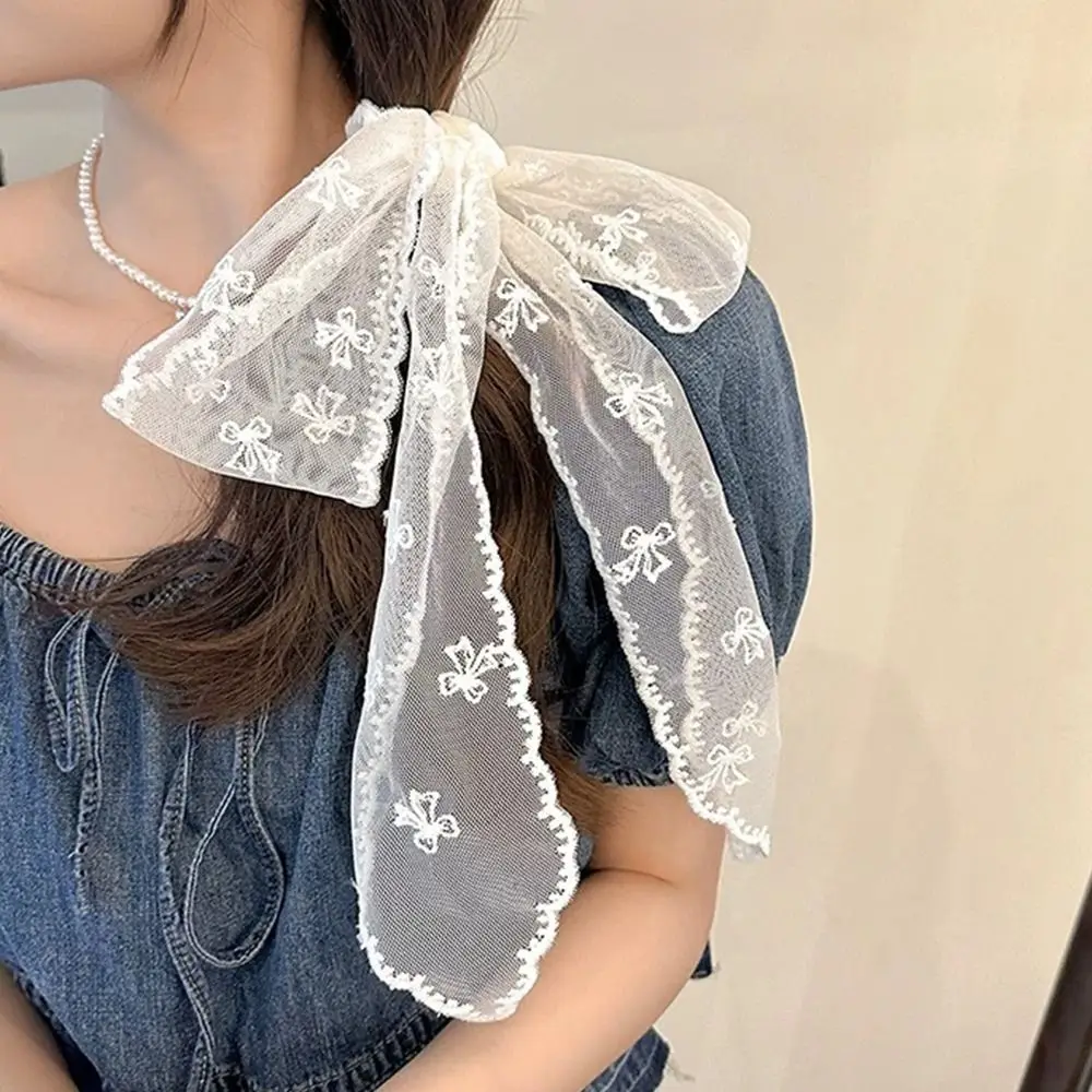 Vintage Pastoral Style Lace Hair Scarf Summer Sweet Bow Headband Elegant Decorative Scarf for Women Girls