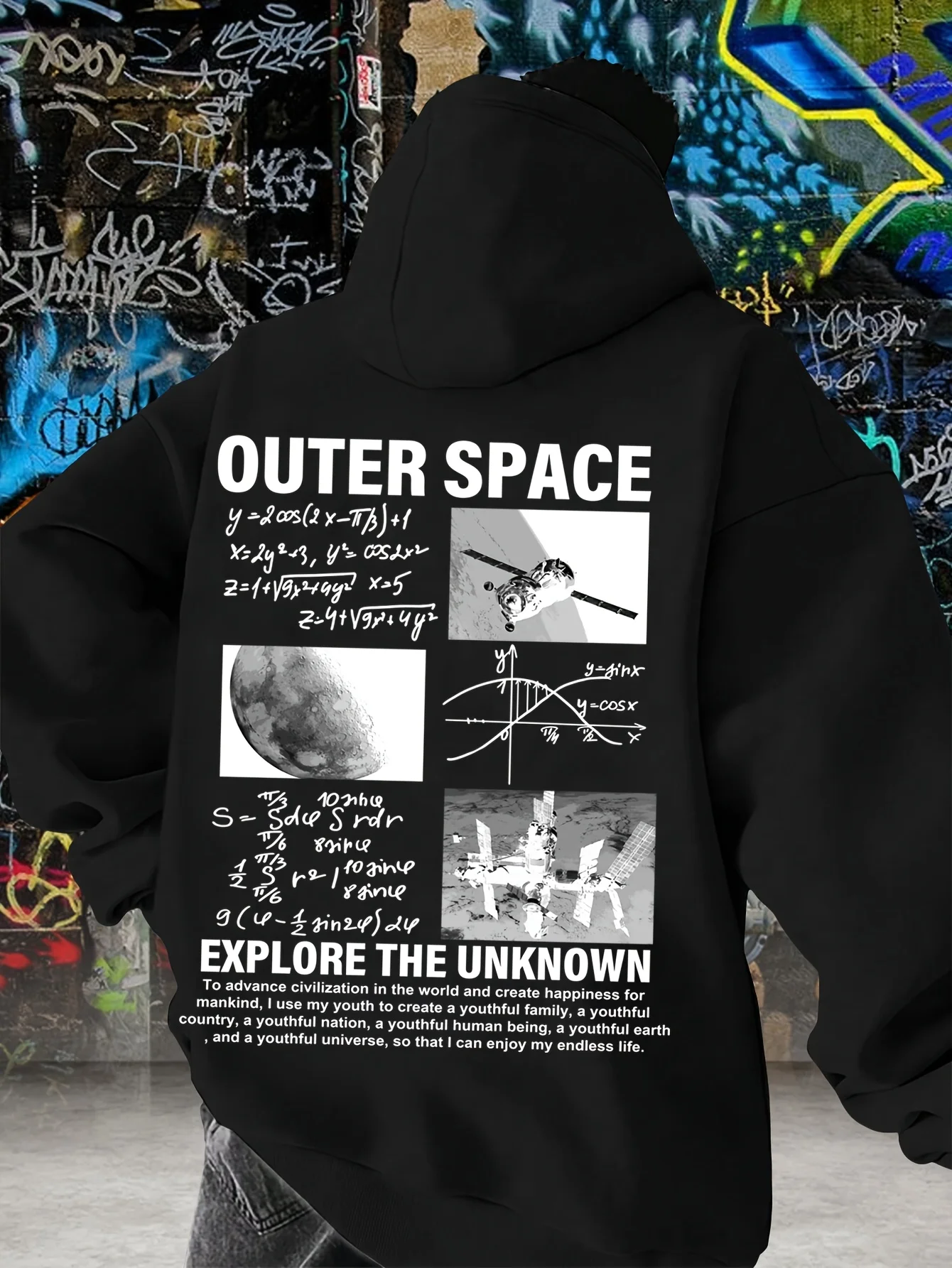 Loose-fit men's street hoodie with space satellite, moon, and mathematical formula prints. Y2K hip-hop casual hooded sweatshirt.