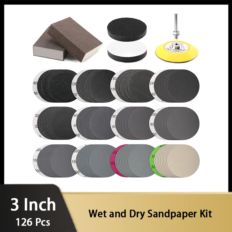 3 Inch Wet and Dry Sandpaper Kit 126 Pcs Silicon Carbide Assorted 80-3000 Grit with 1/4 inch Shank and Soft Foam Sanding Block