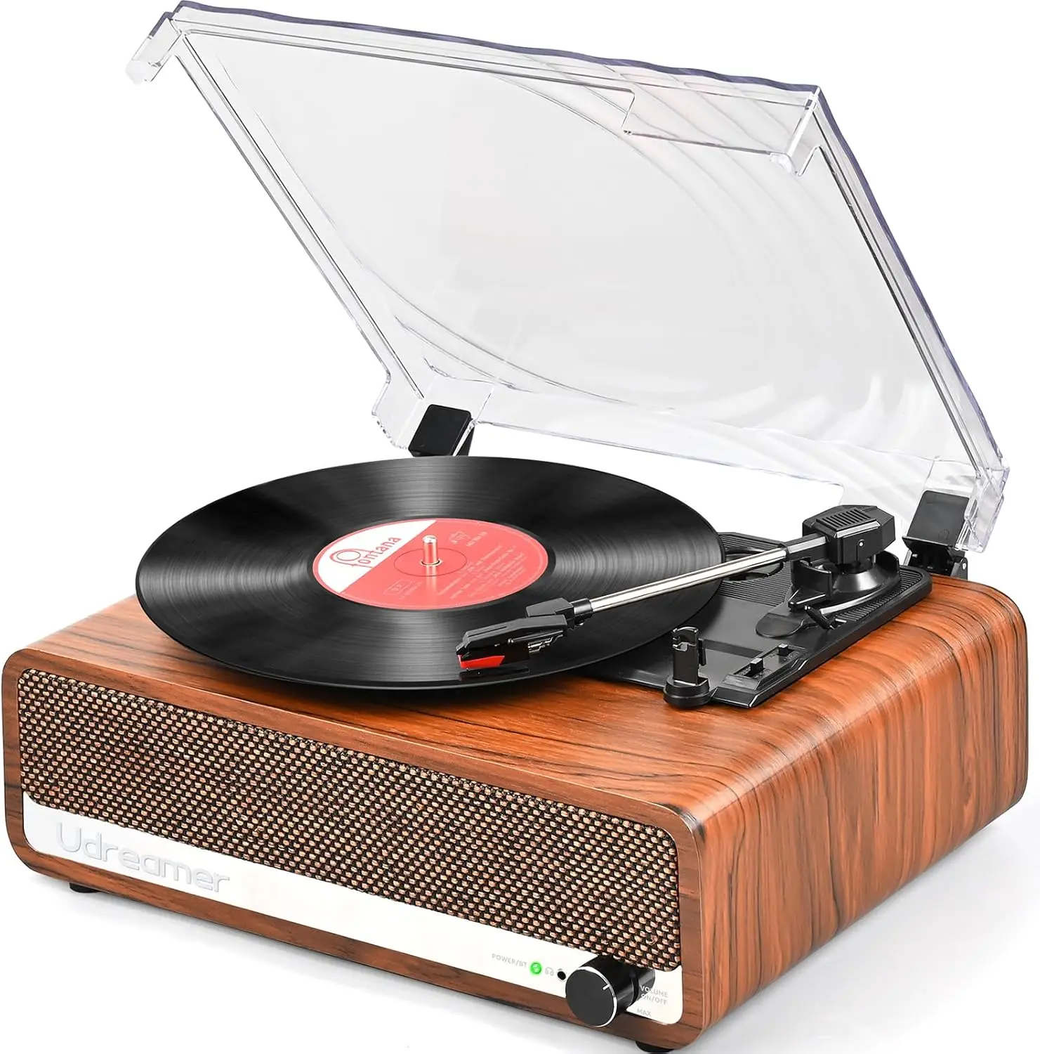 Vintage Wooden Bluetooth Turntable with Speakers, 3-Speed Auto Stop, AUX Input and RCA Output