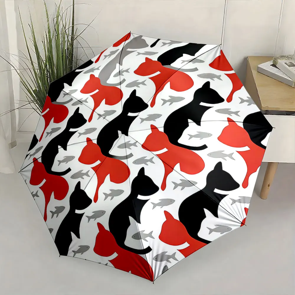 1PC Colorful Cat Pattern Umbrella: Playful and Stylish Print 8 Iron Ribs Folding Umbrella Auto-Open Fashion Sunshade