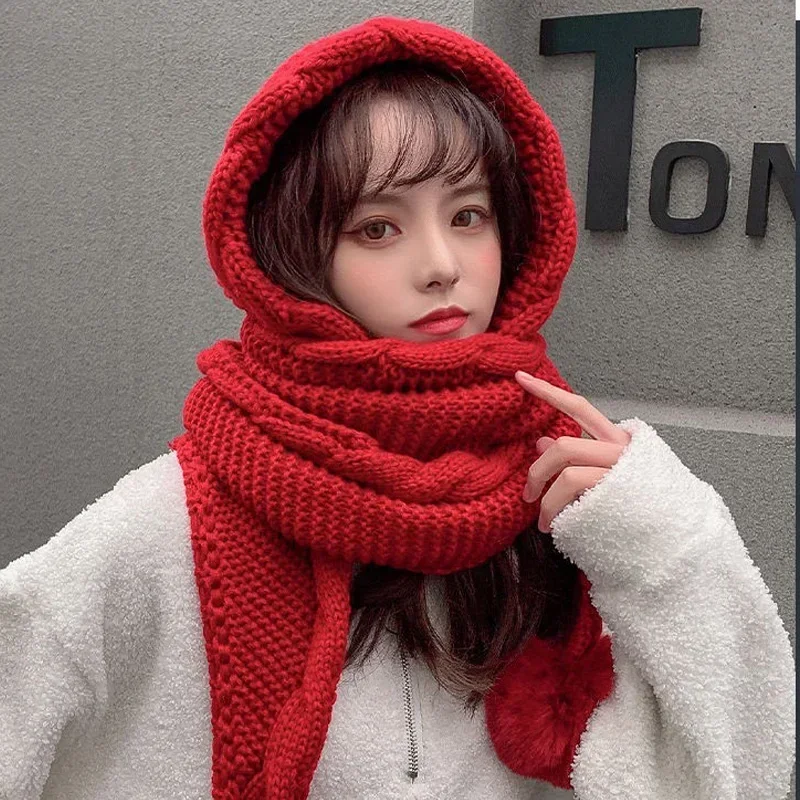 Korean Version  Wool Hat Women's Autumn  Winter With a Scarf One-piece Hat Cute Wool Bulbous Ear thickening warm knit hat