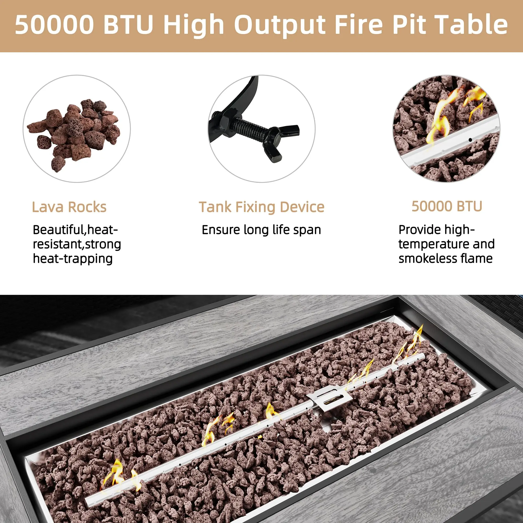 45 Inch Propane Fire Pit Table, 50,000 BTU Outdoor Gas Fire Pit for Patio & Backyard, Rectangular Firepit Table with