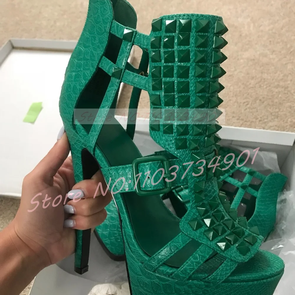 Crocodile Pattern Green Rivet Stiletto Sandals Women Platform Gladiator Strappy Cover Heel Sandals Street Chic High Heels Shoes