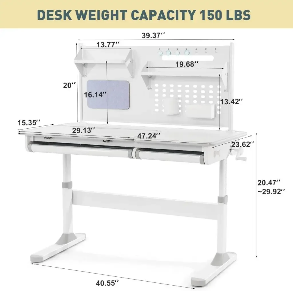 47 inches Adjustable Kids Desk with Hutch, with Two Storage Drawer, LED Lamp, Tilt Desktop, Height Adjust for Home School Use,