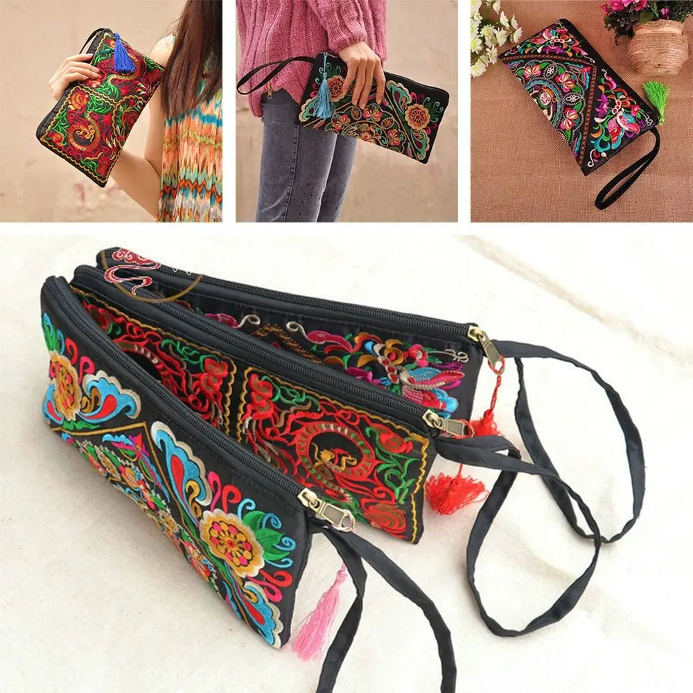 Women Summer Ethnic Retro Butterfly Flower Bags Handbag Coin Purse Embroidered Tassel Small Flap Lady Clutch