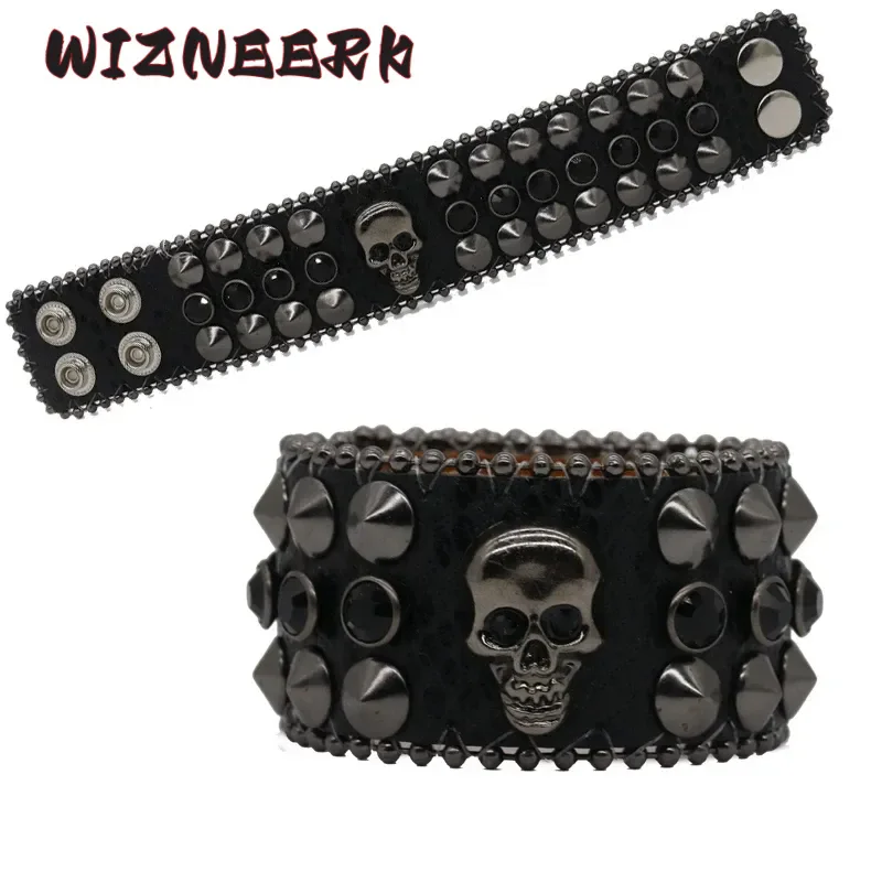 WIZNEERK Punk Y2K Teschio Bracciale con strass di lusso in pelle PU Hip-hop Romantico Goth Braccialetti di cristallo Accessori per feste regalo