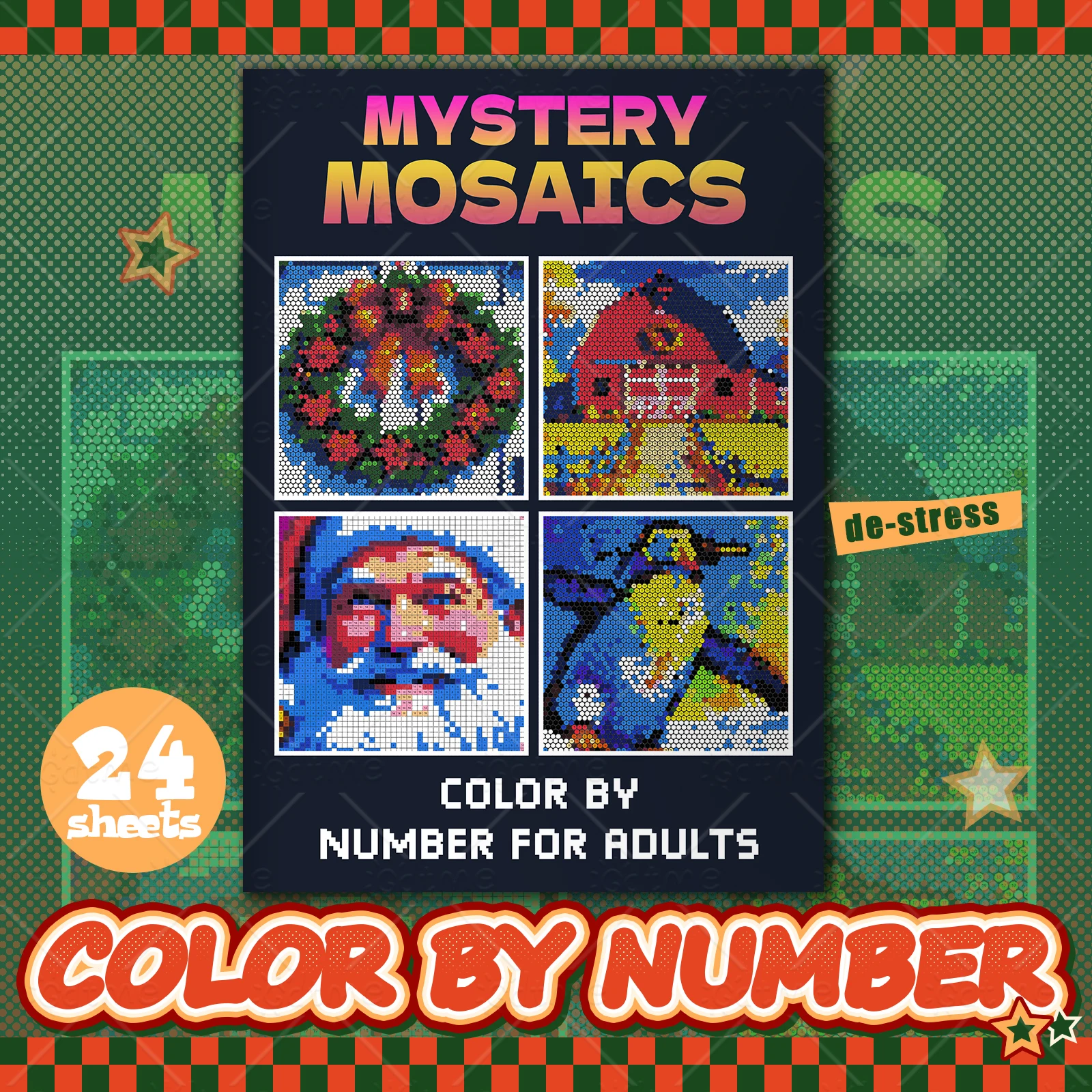 

Книжка-раскраска MYSTERYMOSAICS COLOR BY SQUARES k Расслабляющая снятие стресса Kill Time Рождественская книга для рисования граффити