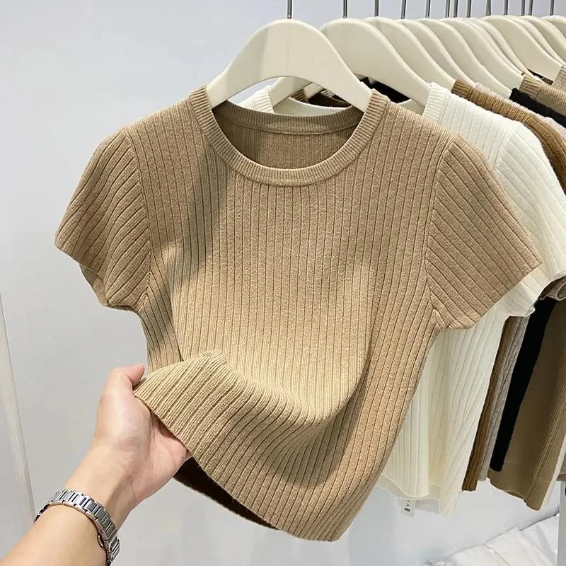 2023 HOT Summer Women Sweater O-neck Short Sleeve Tshirt Korean Fashion Knitwears Slim Fit Pullovers Bottoming Shirt Knit Top