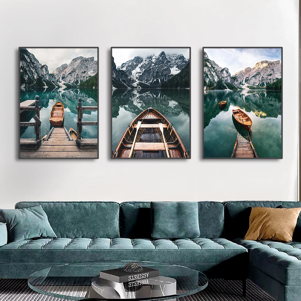 3 قطعة المشهد الطبيعي المشارك بحيرة جبلية قارب الشمال صور الرسم على لوحات القماش الجدارية لغرفة المعيشة غرفة نوم ديكور المنزل