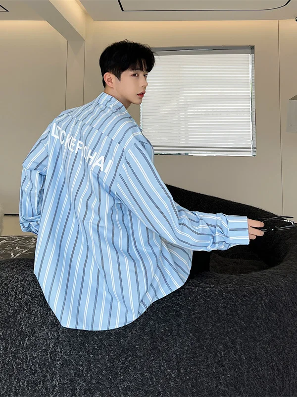 

Blue Striped Men's irt Spring Summer Thin Design Sensation Retro Print Long Sve Top Stand Fit Youth Faion