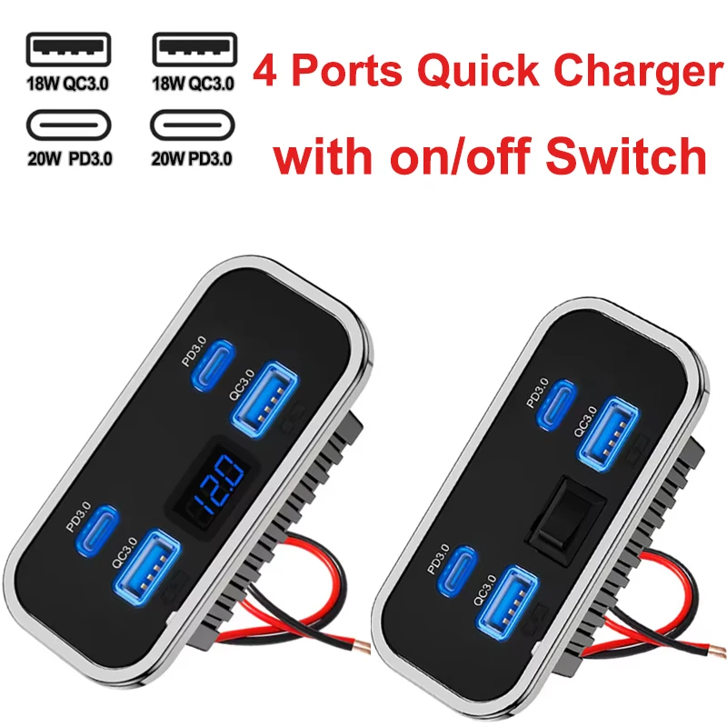 4-Port 12V/24V Car USB Socket Charger 76W Dual PD3.0 Type-C & Dual Quick Charge QC3.0 Power Adapter for Marine Bus ATV Truck
