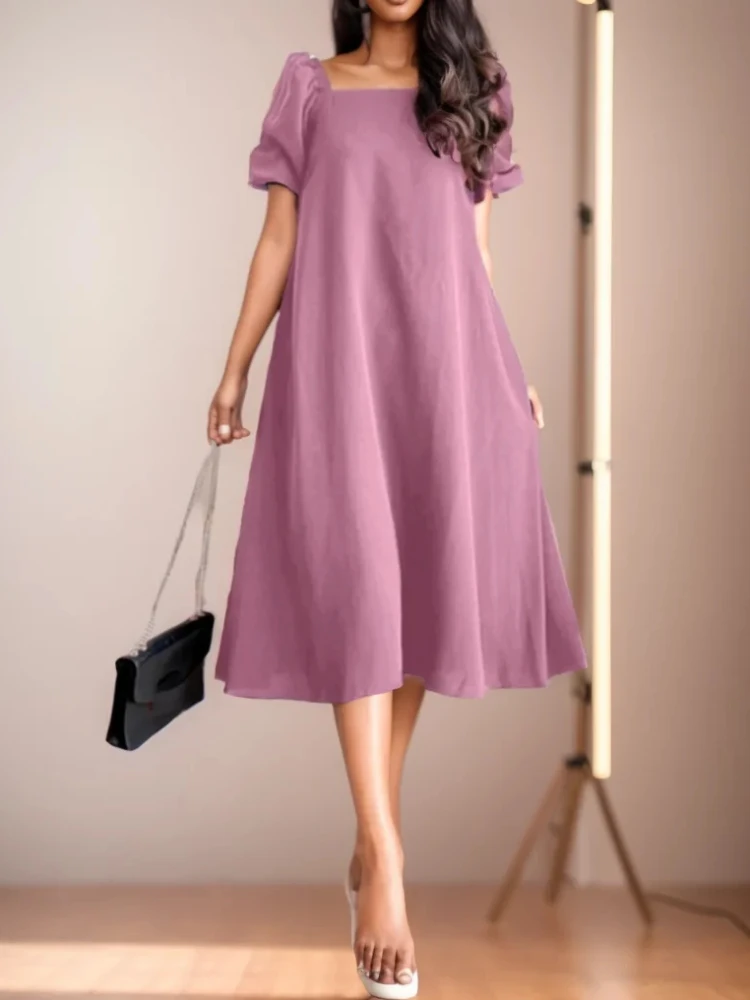 ZANZEA damska krótki bufiasty rękaw impreza Vestidos z kwadratowym dekoltem Midi sukienka elegancka koreańska moda rekreacyjna w jednolitym fartuchowym stylu