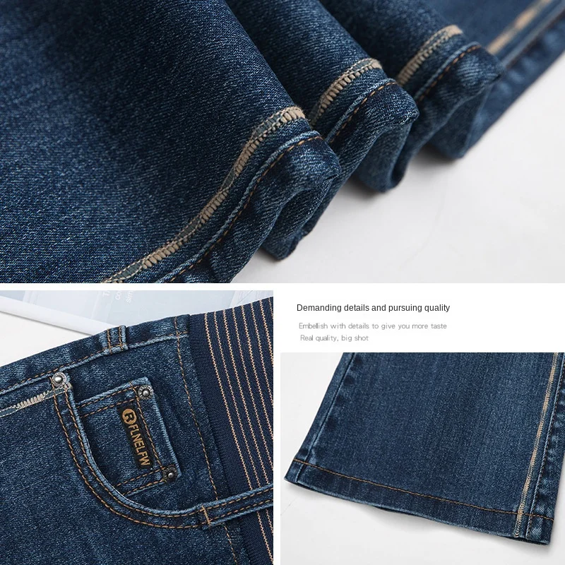 Pantalones acampanados de mezclilla azul para mujer, pantalones de pierna ancha, cintura elástica, alto elástico, largo, pantalones vaqueros