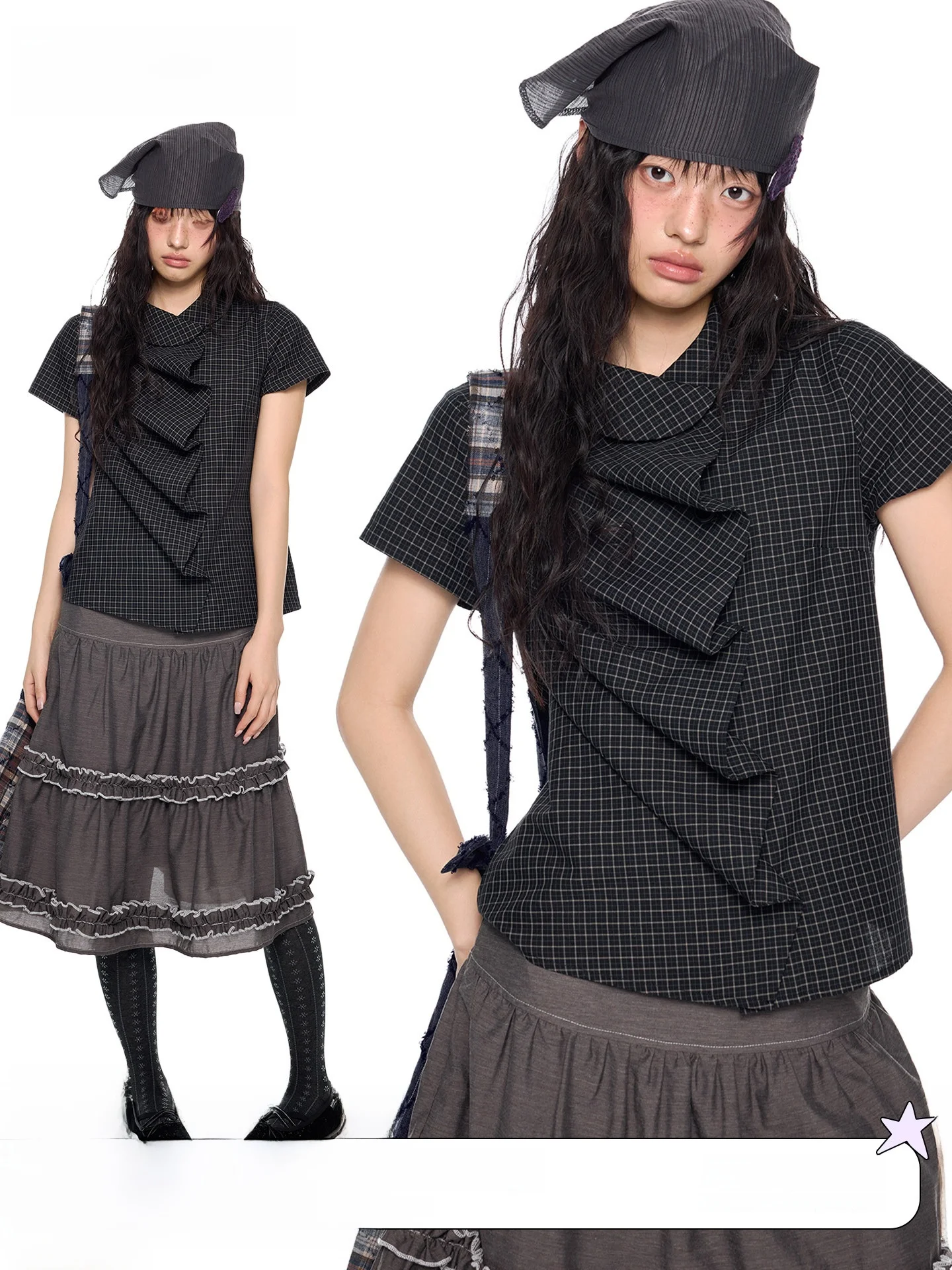 

EZEK Doll Collar Plaid Bubble Sleeve Casual Shirt Short Sleeve Women Summer New Vintage Cotton T-Shirt Top Breathable Thin